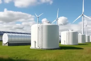 Hydrogen tanks with wind turbines in the background